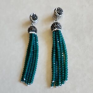 Green Tassel Beaded Crystal Drop Earrings